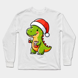 Cute Dino Santa Hat Xmas Cartoon Christmas Dinosaur Long Sleeve T-Shirt